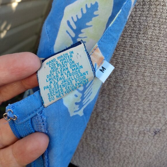 Vintage Hawaiian Dress Sz Medium Blue Tropical Leaf Batik Maxi Long Boho Hippy - Picture 13 of 13